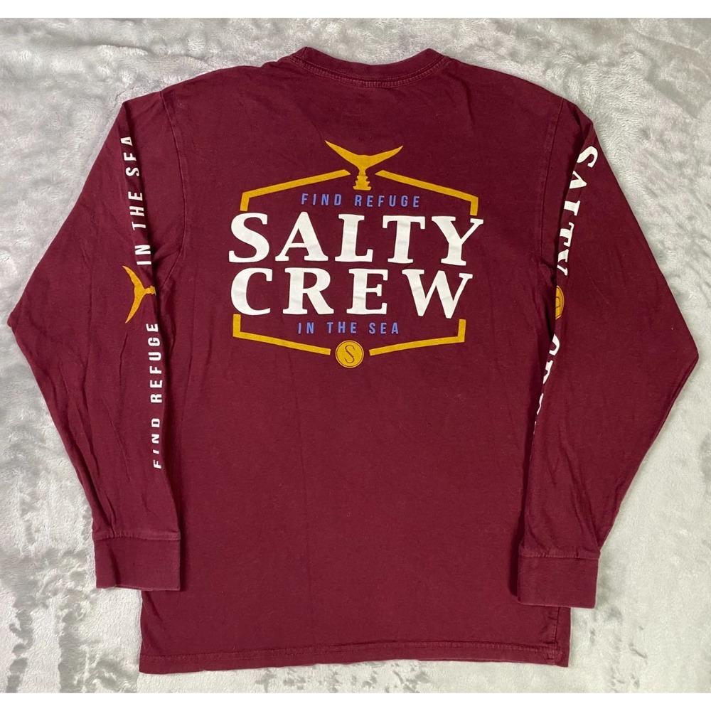 Salty Crew Long Sleeve T-Shirt Men Small Burgundy Find Refuge In The Sea Graphic